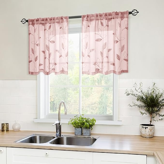 HOMEIDEAS Blush Pink Sheer Kitchen Curtains 30 X 24 Inch Length 2 Panels Embroidered Leaf Pattern Short Bathroom Window Curtains for Small Window Valance Tiers