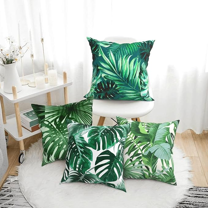 Tropical Green Leaves Throw Pillow Covers 18x18 Set of 4 Palm Leaf Decorative Throw Pillow Cushion Cases Cover for Sofa Couch Car Home Decor