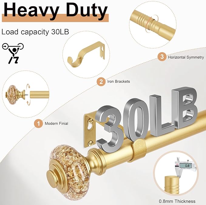 2 Pack Gold Curtain Rods for Windows 48 to 84 Inch, Decorative Vintage Crystal 1'' Diameter Curtain Rod with Gold Foil Finials, Adjustable Heavy Duty Easy Install Drapery Pole Set for Farmhouse