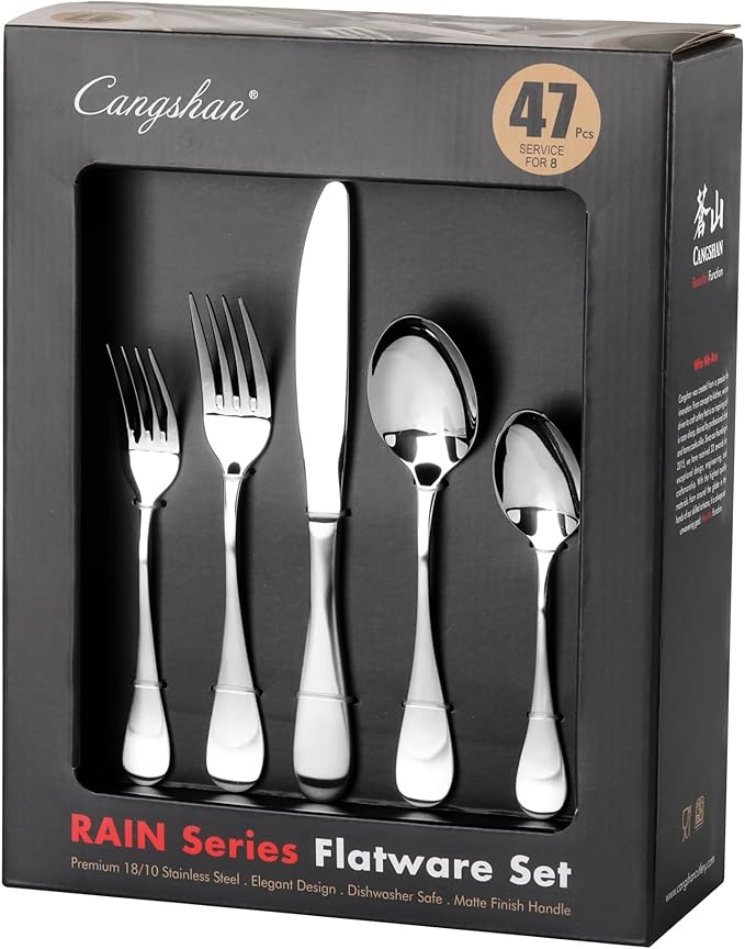 Cangshan RAIN Series Stainless Flatware Set, Window Box, Matte Finish Handle (47-Piece), 504999