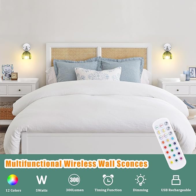 Battery Operated Wall Sconce with Cute Green Tulip Glass Lampshade Rechargeable Wireless Wall Light with Remote Control for Bedside Bedroom Doorway, Silver, Set of 2