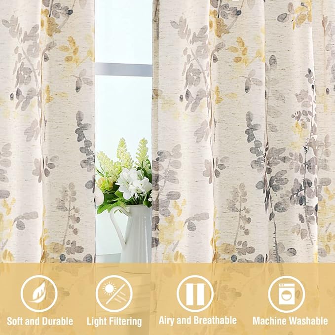 H.VERSAILTEX Linen Sheer Curtains for Living Room Sheer Panels 63 Inches Long Light Filtering Tab Top Window Treatment Drapes for Bedroom, 2 Panels, Vintage Classical Floral Print Yellow and Taupe