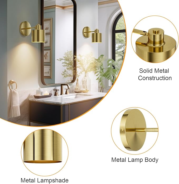 Tipace Gold LED Wall Mounted Lights 2 Pcs with Remote,Wall Sconces Lamp Battery Operated,3 Color Temperatures & Dimmable 360° Rotation Cordless Light for Bedroom Bedside Farmhouse Gallery