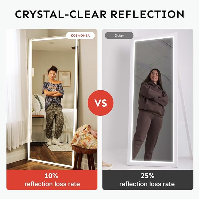 Kosmonia 60x16 Frameless Full Length Mirror, Dimmable 3 Color LED Light w/Memory Function, Distortion Free, HD Reflection & Anti Desilvering, Tempered Glass & Shatter Proof Film Doubling Safety