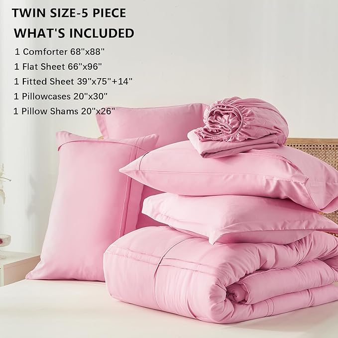 Yogeneg Pink Comforter Set Twin Size 5 Piece Bed in a Bag,Grid Pinch Pleat Twin Bedding Set,Striped Textured Soft Microfiber Comforter with Sheet Set,All Season Complete Bed Set(Pink,Twin)
