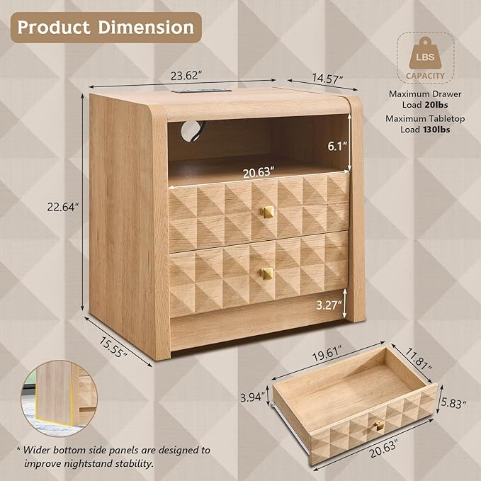 Modern Night Stand Set 2, 23.62" Wide Wood Side Table w/2 Storage Drawers &Open Shelf &Charging Station, Mid Century Modern Bedside w/Diamond Panel Decorate for Bedroom, Curved Profile Design, Natural
