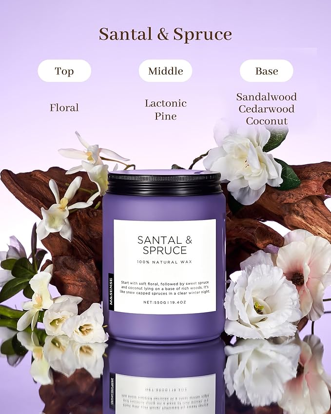 M&SENSE Santal Spruce Coconut Soy Candles for Home Scented, 19.4oz 110 Hour Slow Burning Large Candle Gift for Stress Relief, Meditation, Relaxing SPA, Best Smelling Christmas Gifts
