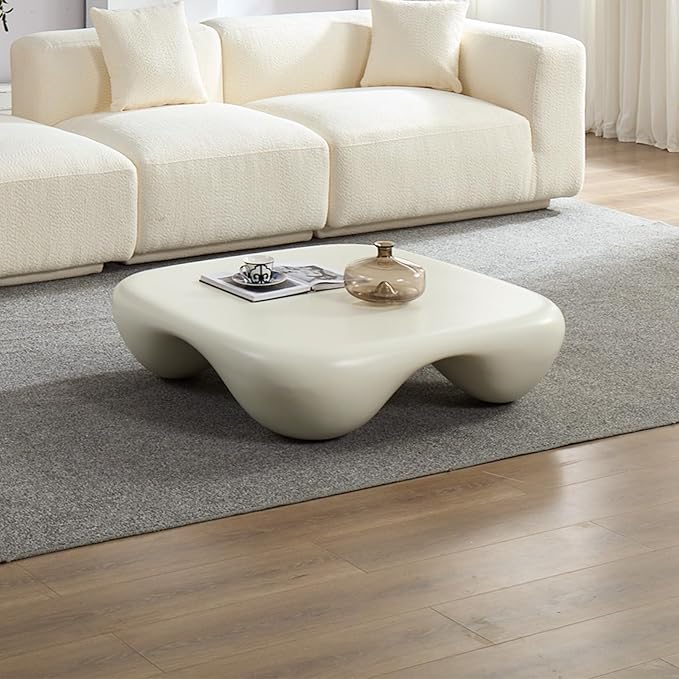 40" Cloud Modern Coffee Table with Curved Design, Fiberglass Minimalist Center Table, Contemporary Stone Accent Table for Living Room, Apartment, No Need Assembly
