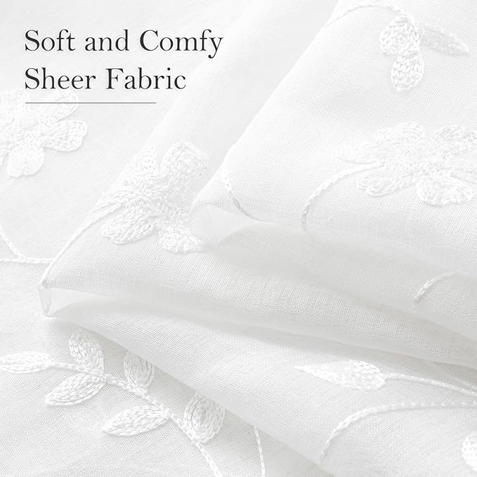 HOMEIDEAS White Sheer Curtains 96 Inches Long 2 Panels White Embroidered Floral Pattern Semi Sheer Window Curtains for Bedroom Living Room