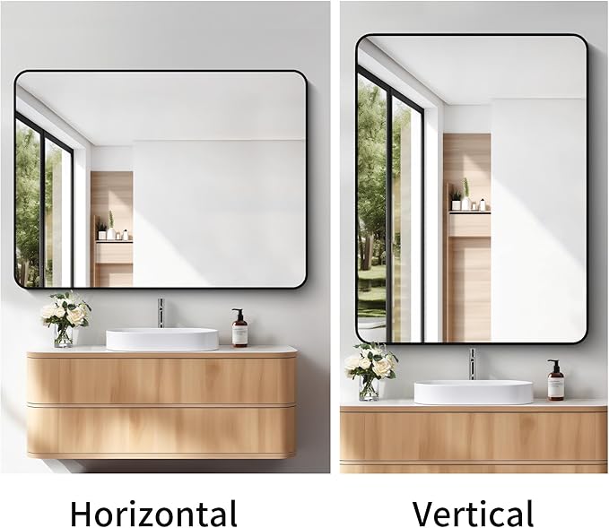 FORBATH Large Bathroom Mirror 48 x 36 Inches,Black Large Wall Mirror Aluminum Frame Wall Mounted Rounded Corner Morndern Mirror for Bathroom Bedroom Entryway Living Room