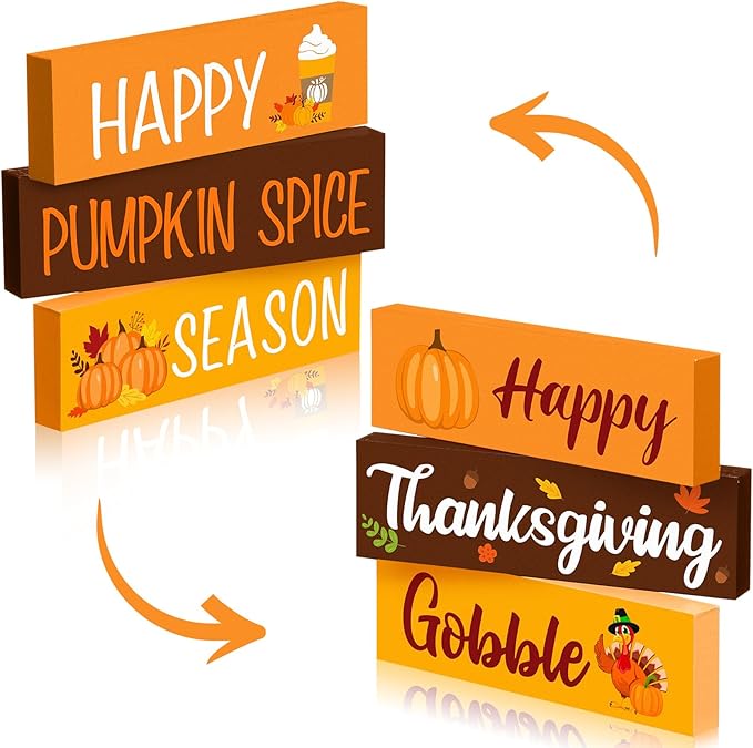 3 Pcs Thanksgiving Wooden Tabletop Signs Pumpkin Tiered Tray Decor Fall Double Side Centerpiece Rustic Wooden Block for Home Autumn Table Mantel Harvest Shelf Decor