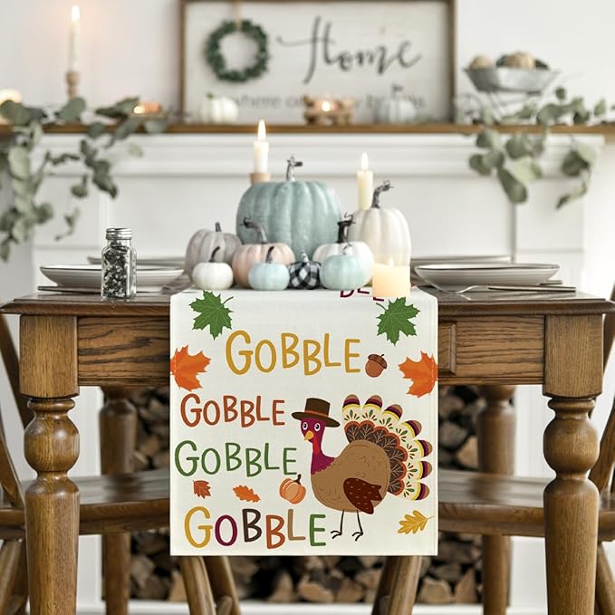 Artoid Mode Gobble Turkey Maple Leaves Thanksgiving Table Runner, Fall Autumn Harvest Kitchen Dining Table Decoration for Home Party Decor 13x120 Inch