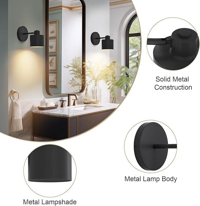 Tipace Vintage Battery Operated Wall Sconces,Cordless Battery Powered LED Wall Lights Set of 2,Wall Lamp Fixture Black 360°Rotate with Remote Control for Bedroom Farmhouse Gallery