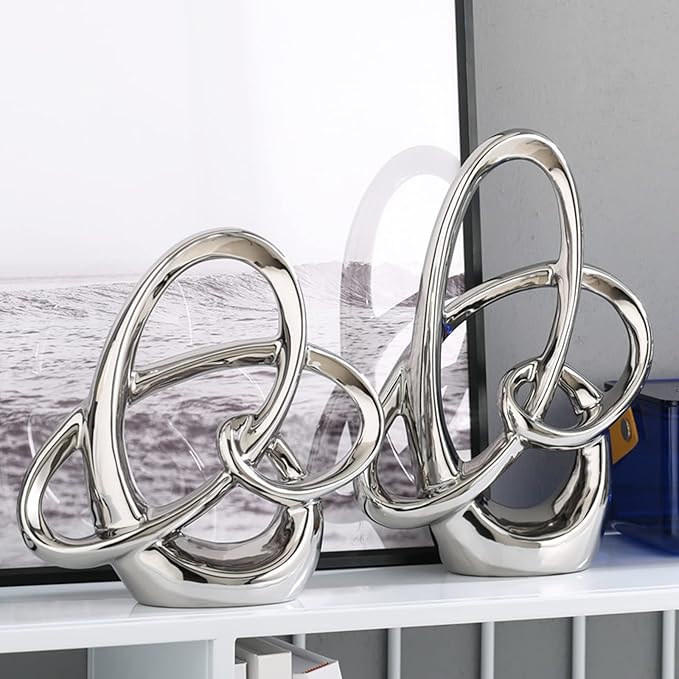 11in Silver Ceramic Statue – Modern Abstract Art Figurine for Home Decor Accents, Tabletop Centerpiece for Dining Room, Living Room Shelf, Office or Wedding Display