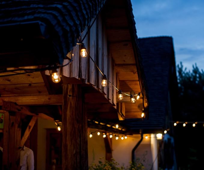 Hometown Evolution, Inc. 100' E26 Commercial Edison Bulb Outdoor String Lights (100 Foot 50 Socket, S14 Zig Zag Edison 11 Watt Light Bulbs)