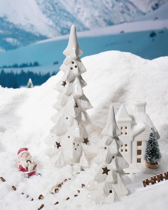 DN DECONATION White Ceramic Christmas Trees that Light Up, 2Pcs Porcelain Christmas Tree with Lights, Stars and Dots Cutout Prelit Tabletop Xmas Tree Figurines for Mantle Neutral Christmas Decor, Gift