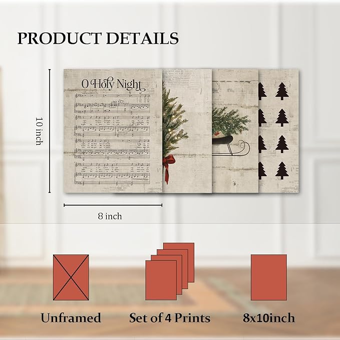TFKFJLF Vintage Christmas O Holy Night Wall Art Poster Decor, Retro Christmas Tree Wall Art Decorations for Home Kitchen Bedroom Bathroom Living Room Office, Unframed 8x10in Set of 4