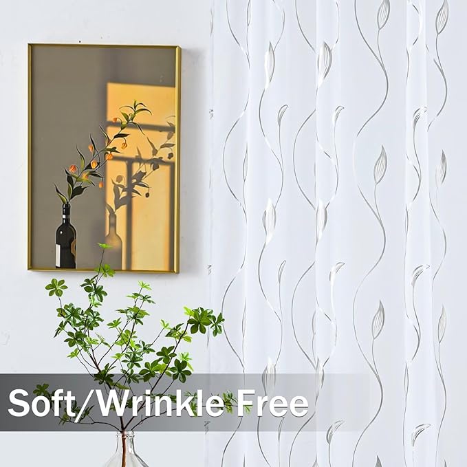 Silver Foil Print Sheer Curtains 84 inches Long, 2 Panels Ginkgo Bronzing Treatment Sheer Curtain, Rod Pocket Window Treatment Panels for Bedroom Living Room