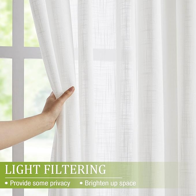 White Sheer Curtains for Living Room 84 inches Long Linen Textured Light Filtering Basic White Semi Sheer Window Curtain Set for Bedroom Office Wrinkle Free 54”w 2 Panels Grommet Top