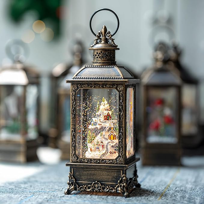 Christmas Village Snow Globe Lantern Musical Lighted Snowy Mountain Village Water Lantern with Swirling Glitter Decoration for Christmas Home, Living Room, Battery Operated or USB Powered