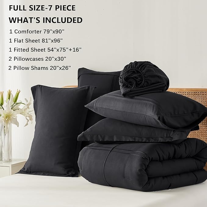 Yogeneg Full Size Comforter Set 7 Piece Bed in a Bag,Grid Pinch Pleat Black Bedding Set,Striped Textured Soft Microfiber Comforter with Sheet Set,All Season Complete Bed Set(Black,Full)