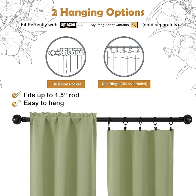 Aiyufeng Sage Green Blackout Curtains for Bedroom 90 Inches Long 2 Panels Set, Solid Privacy Energy Saving Living Room Window Treatment Curtains Blackout Drapes, W40 x L90 Inch, Sage Green