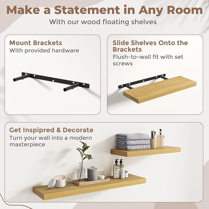 24 Inch Floating Shelves for Wall Set of 2, 8"D Wood Grain Bathroom Shelves with Invisible Brackets, Easy Install Engineered Wood Storage Shelves for Kitchen, Living Room, Bedroom, Oak Finish