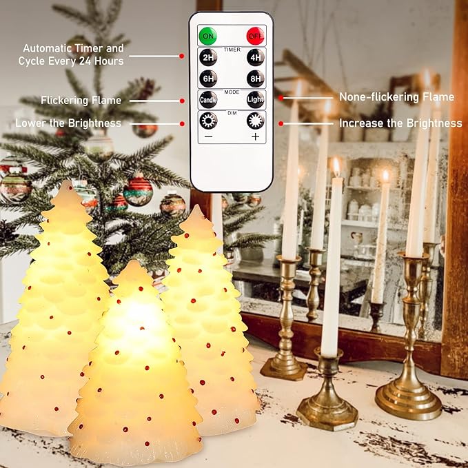 White Christmas Trees Figurine with Light Battery Operated with Remote Lighted Christmas Tree Tabletop Decor Real Wax White Small Xmas Tree with Red Berry Christmas Decoration for Home Party Gifts