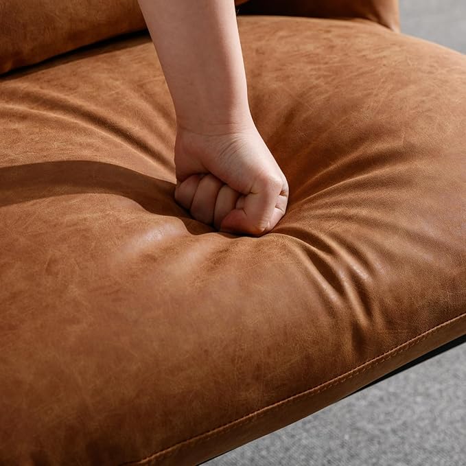 LukeAlon PU Leather Single Sofa Chair, Modern Upholstered Accent Chair with Metal Legs and Pillow Cute Living Room Chair Wide Seat Slipper Chair for Bedroom Reception Area, Brown