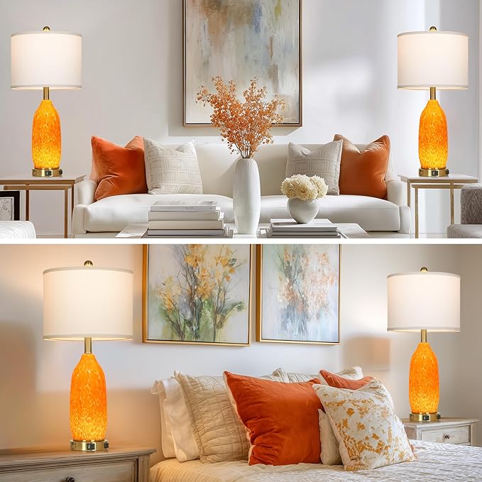26" Modern Orange Glass Table Lamp Set of 2,Bedside Lamps with USB A+C Ports & AC Outlet, Nightstand Lamp with 3-Way Dimmable Touch Control Night Light for Bedroom Living Room(Bulbs Included)