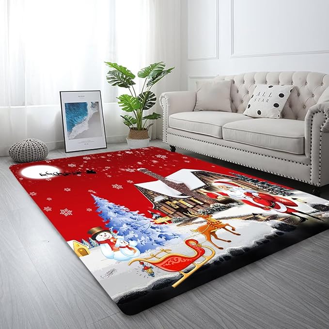 kxry Area Rugs 5X7 Feet, Merry Christmas Soft Machine Washable Area Rugs Santa Claus Deer Christmas Tree Snowman Non Slip Foldable Floor Carpet for Living Room Bedroom Dining Room Dorms