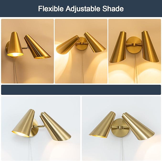 Gold 2-Light Plug in Wall Sconce, Modern Vanity Light Wall Lamp with Rotatable Lampshade Picture Light for Bedroom Living Room Bathroom Foyer