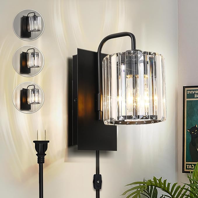 Plug in Sconces, Square Crystal Sconce Black Plug in Wall Sconce Modern Crystal Wall Lamp with On Off Dimmer Cord, Glass Wall Light Fixtures for Living Room Bedroom Hallway Bedside