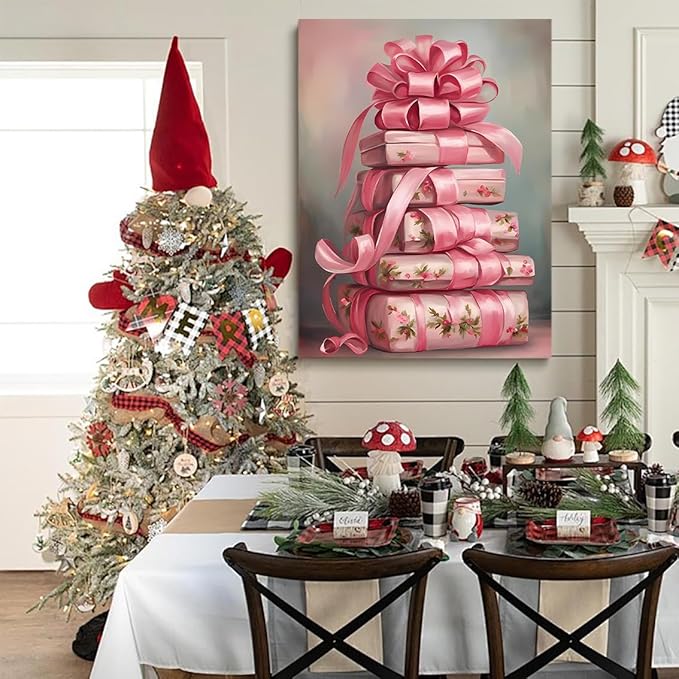Framed Pink Christmas Wall Art Pink Vintage Christmas Presents Canvas Print posters Retro Shabby Chic Christmas Printables Winter Home Decor 12x16 framed