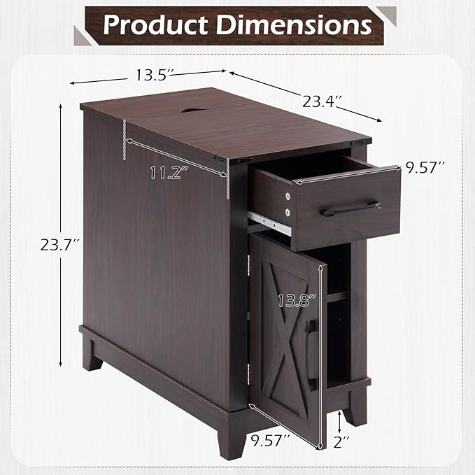 EROMMY Farmhouse End Table with Charging Station, Narrow Side Table for Living Room, Nightstand with Drawer and Storage Cabinet, Adjustable Shelf, Choco