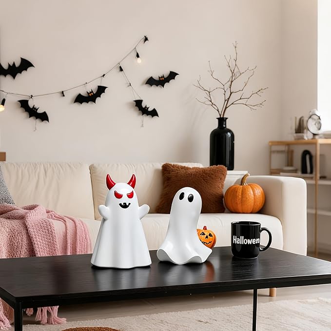 2 pcs Ghost Figurines Halloween Indoor Decoration, White Cute Ghost Halloween Table Decor Tiered Tray Decorations,Funny Devil&Pumpkin Ghost Figurine Resin Statue Centerpieces