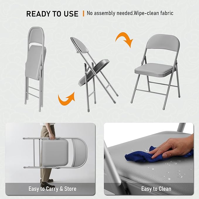 SEALAMB 4 Pack Grey Folding Chairs with Padded Seats & Cushion, Durable Metal Foldable Chairs for Wedding Party, Commercial Chairs for Office School Church Events, 330lb Capacity (Grey-PU, 4 Pack)