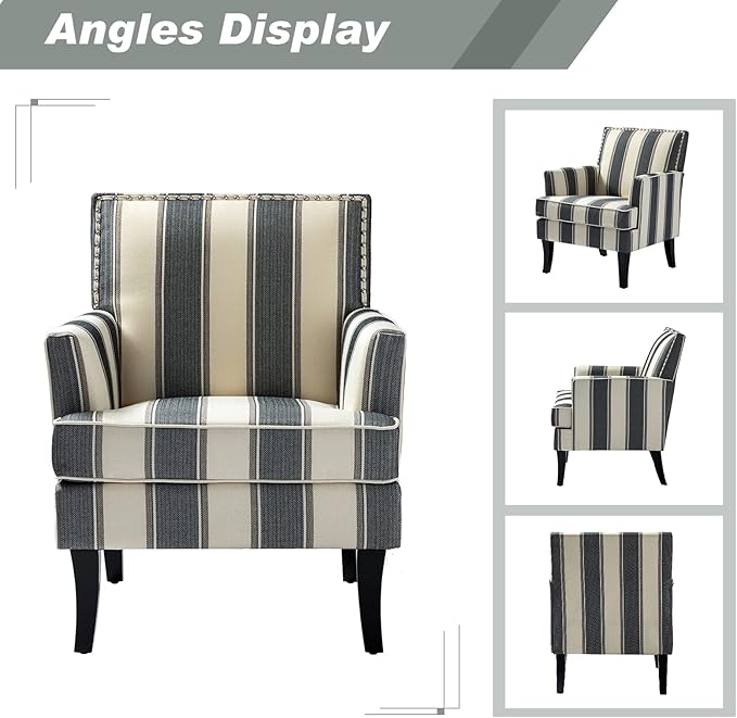 HULALA HOME Modern Accent Chairs Set of 2, Farmhouse High Back Striped Chairs with Wooden Legs & Nail Head Trim, Comfy Upholstered Armchairs for Living Room/Bedroom (Stripe Black)