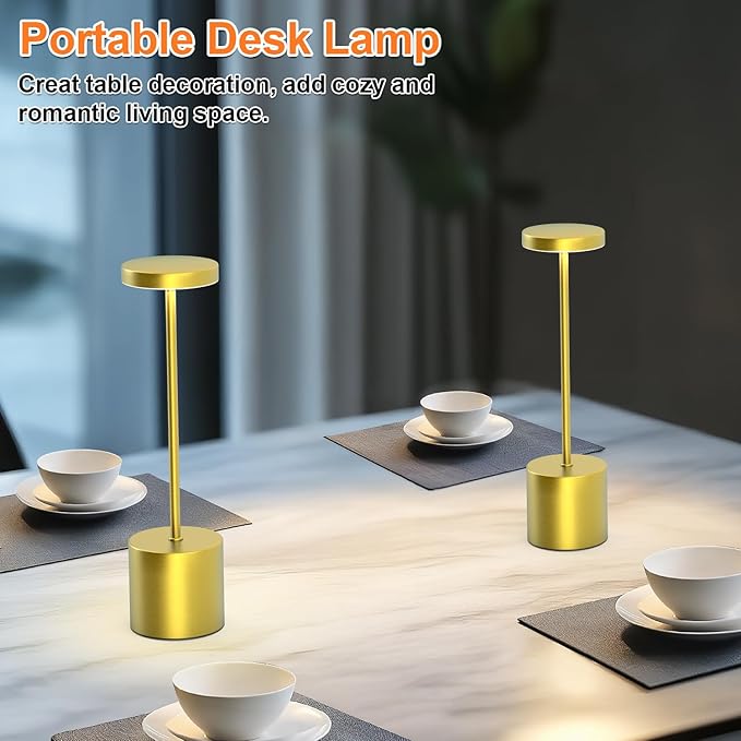 Cordless Table Lamp – 2 Pack Rechargeable Table Lamps, 5000mAh Battery Operated Lamp with 3-Color Dimmable Light, Outdoor Table Lamp for Bedroom, Restaurant, Patio, Home Décor (Gold)