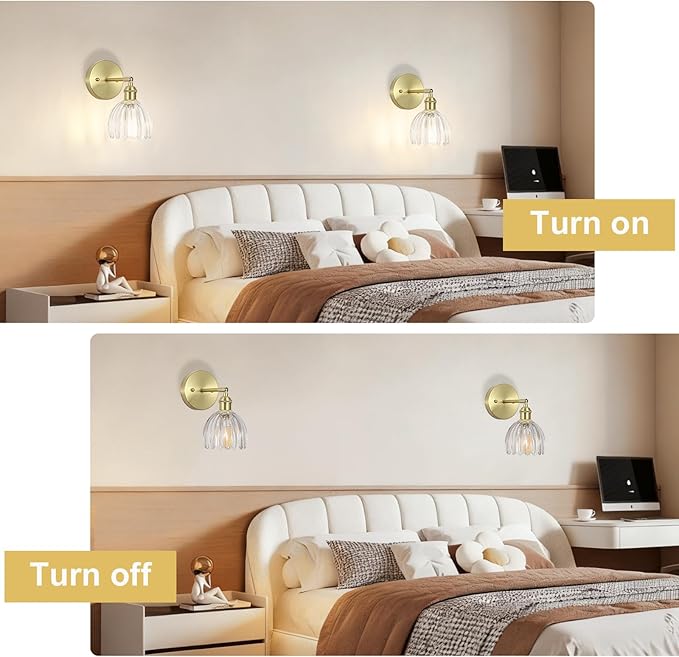 Vintage Wall Sconces Set of Two,Hardwired Wall Lights with Clear Tulip Glass Lampshade,Gold Wall Lamps for Bedroom Bedside Stairway Bathroom Living Room(Bulbs Not Included)