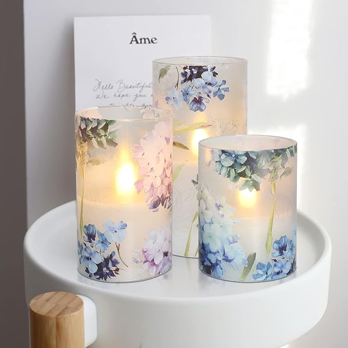 Blue Violet Hydrangea Flameless Candles LED Flicker with Remote DIM Love Theme Summer Spring Decorative Glass Decor Wedding Date Proposal Dinner Table Home Gift for Lover