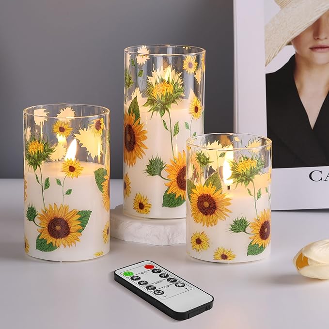 Sunflower Glass Flameless Candles with Remote, Battery Operated Flickering LED Pillar Candles Set of 3