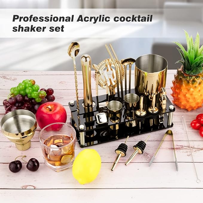23 Piece Cocktail Shaker Set Bartender Kit with Acrylic Stand & Cocktail Recipes Booklet, Professional Bar Tools for Drink Mixing, Home, Bar, Party (Include 4 Whiskey Stones) - Gold