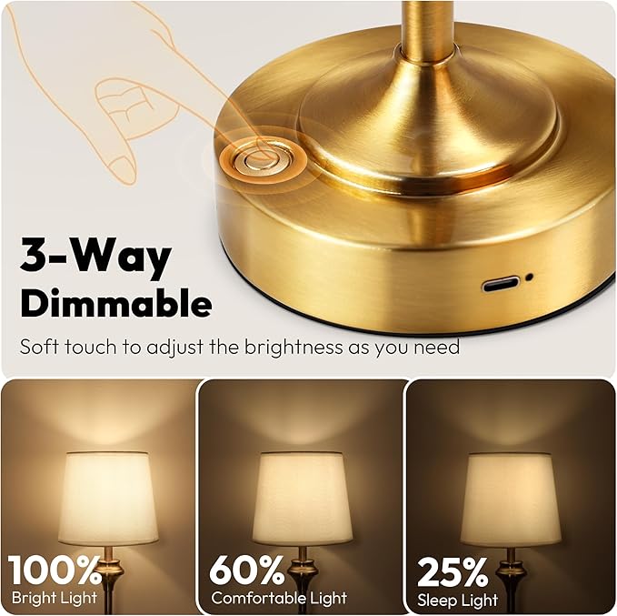 NIORSUN Portables Cordless Table Lamp, 10.2" Battery Operated Lamp, Bedside Table Lamp with Warm White,3 Way Dimmable Touch Desk Lamp for Bedroom Living Room Restaurant Whtie Shade (Gold)