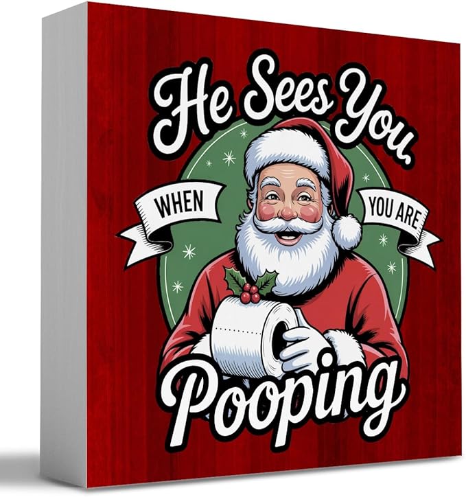 HTBIG Funny Bathroom Christmas Decor He Sees You When You Pooping Bathroom Wooden Box It In The Corner Shelf 5 x 5 Inch
