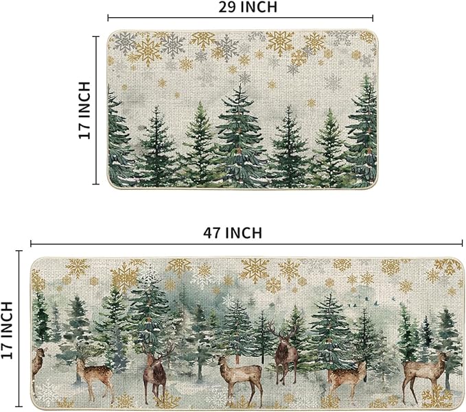Artoid Mode Xmas Trees Deer Snowflakes Christmas Kitchen Mats Set of 2, Winter Home Decor Low-Profile Kitchen Rugs for Floor - 17x29 and 17x47 Inch