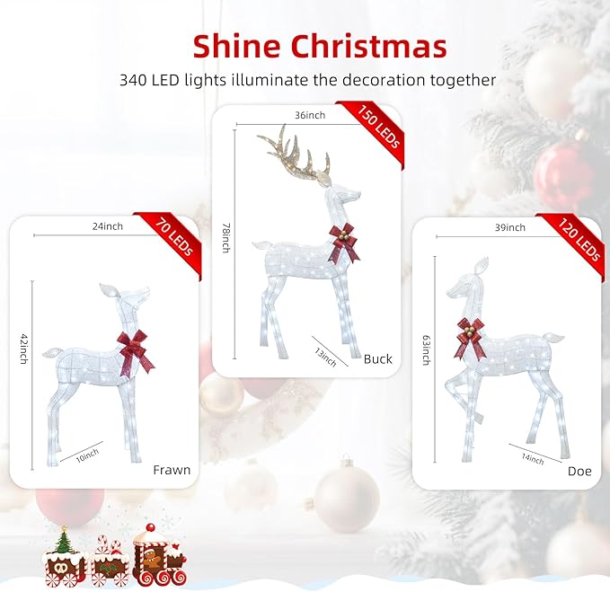 HOYECHI 6.5 FT Oversized Christmas Decorations Outdoor Lighted Reindeer β 3-Piece 3D Deer Family Set with 340 Warm White LED Lights for Yard, Lawn, Garden & Porch Holiday Display - White