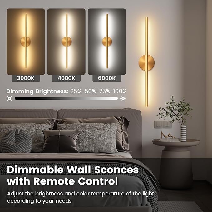 Battery Operated Wall Sconces Set of 2, 360°Rotation Wireless Rechargeable Wall Lights: Dimmable Detachable Wall Lamp with Remote Control, 3000K-6000K Infinite Dimming Wall Sconce 27.6 Inch