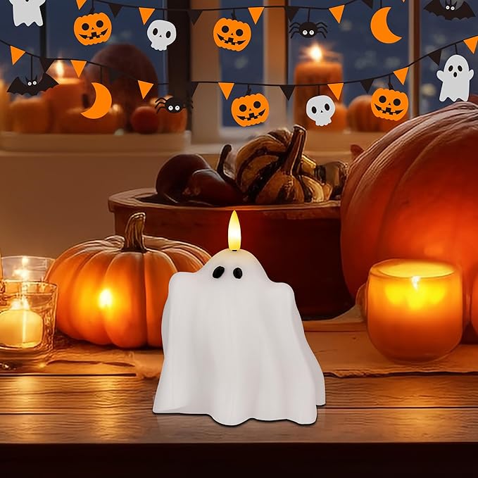 Halloween Flameless Candles with Remote, Real Wax Ghost Battery Operated Candles, Flickering LED Fake Candle, Halloween Decorations for Table, Fireplace, Home, Party, Festival Decor
