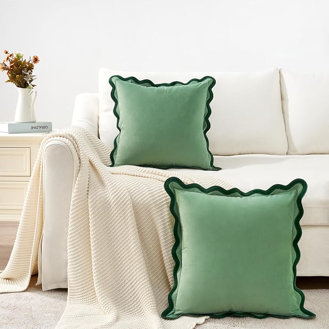 MONDAY MOOSE Decorative Throw Pillow Covers Cushion Cases, Set of 2 Soft Velvet Scalloped Wavy Edge Designs, Mix and Match for Home Decor, Pillow Inserts Not Included (Green/Light Green, 22x22 inch)